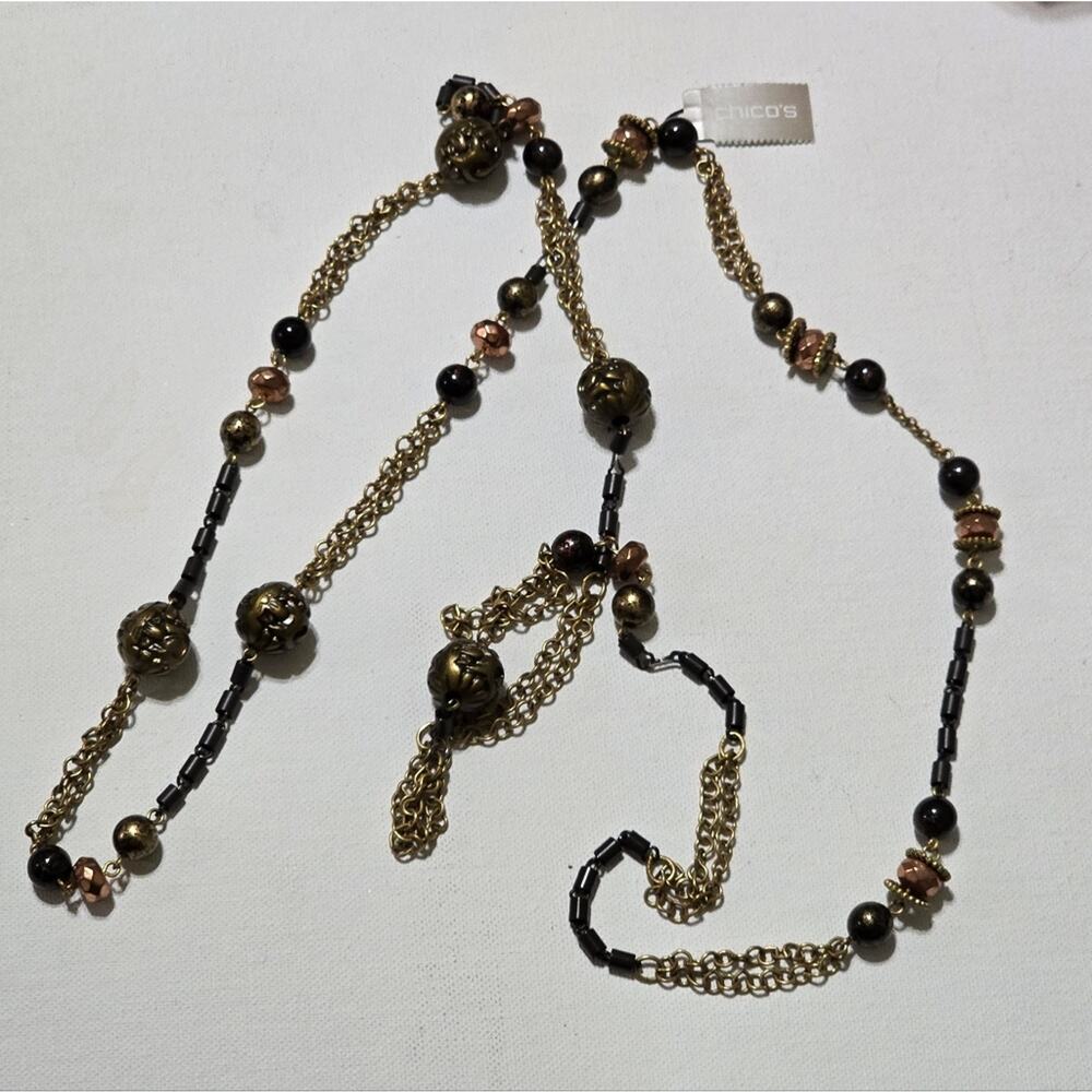Chico's Antique Gold and‎ Black Ball Multi Strand Long Necklace New!
